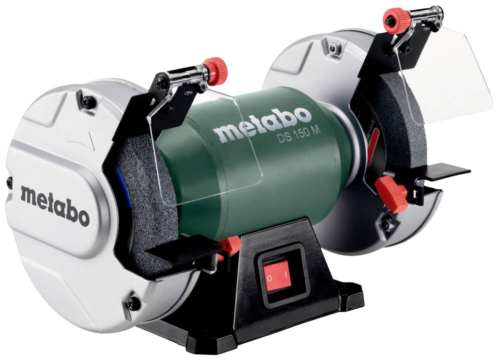 Ein doppelschleifer Metabo DS 150 M mit grünem Mittelteil, silbernen Schutzabdeckungen und zwei Schleifscheiben.