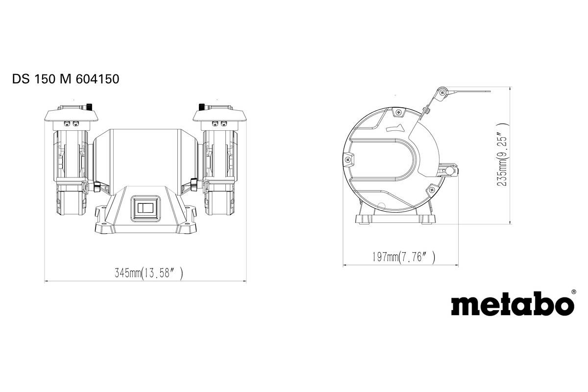 'Metabo DS 150 M 604150' technische Zeichnung. Maße: 345mm Breite, 235mm Höhe, 197mm Tiefe. Schleifmaschine mit zwei Schleifscheiben.