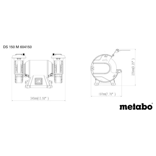 Technische Zeichnung der Metabo DS 150 M Standschleifmaschine mit Abmessungen: 345 mm Breite, 197 mm Tiefe, 237 mm Höhe.