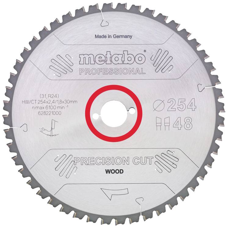 Kreissägeblatt 'Metabo Professional Precision Cut' für Holz. Durchmesser 254 mm, 48 Zähne, hergestellt in Deutschland.