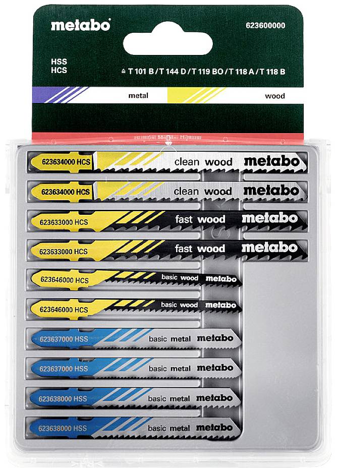 Ein Set von Metabo-Sägeblättern für Holz und Metall in unterschiedlichen Ausführungen, farblich kodiert nach Materialtyp und Anwendung.