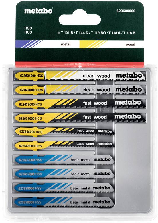 Metabo Stichsägeblatt-Set in Kunststoffverpackung, beschriftet für Metall- und Holzschnitte, mit mehreren 