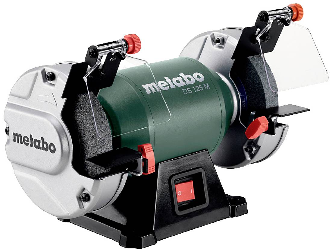 Doppelschleifer mit zwei Schleifrädern. Aufschrift 'metabo DS 125 M'. Gerät hat Schutzabdeckungen und einen roten Ein-/Ausschalter.