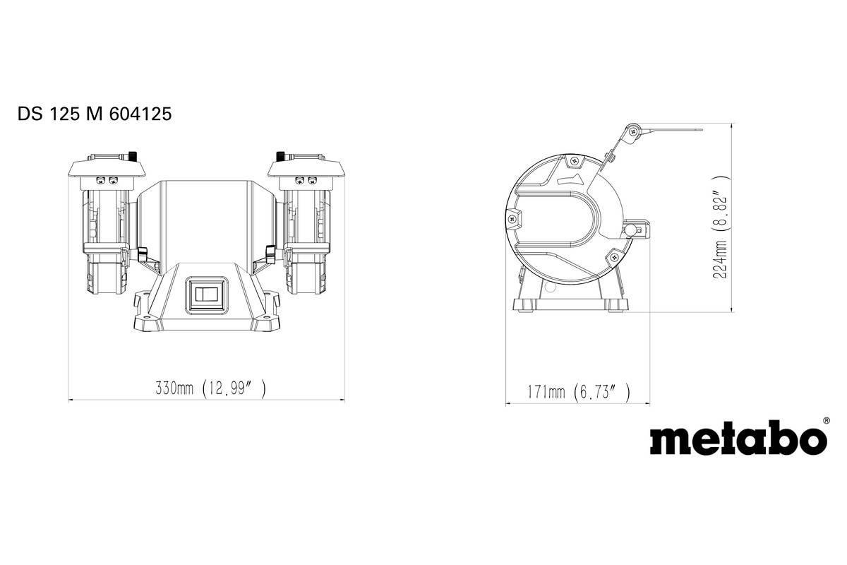 Technische Zeichnung einer Schleifmaschine mit den Maßen 330 mm Breite und 171 mm Tiefe. Markiert als 'metabo'.