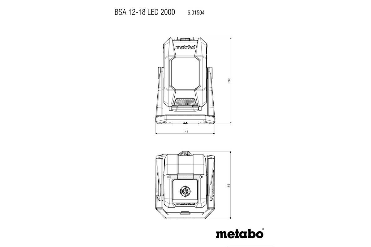 Technische Zeichnung einer Metabo LED-Leuchte BSA 12-18 LED 2000, zeigt Vorder- und Seitenansicht mit Abmessungen.