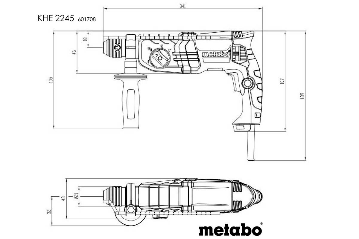Zeichnung eines Metabo Bohrhammers KHE 2245 mit Seitenansicht und Bemaßungen.