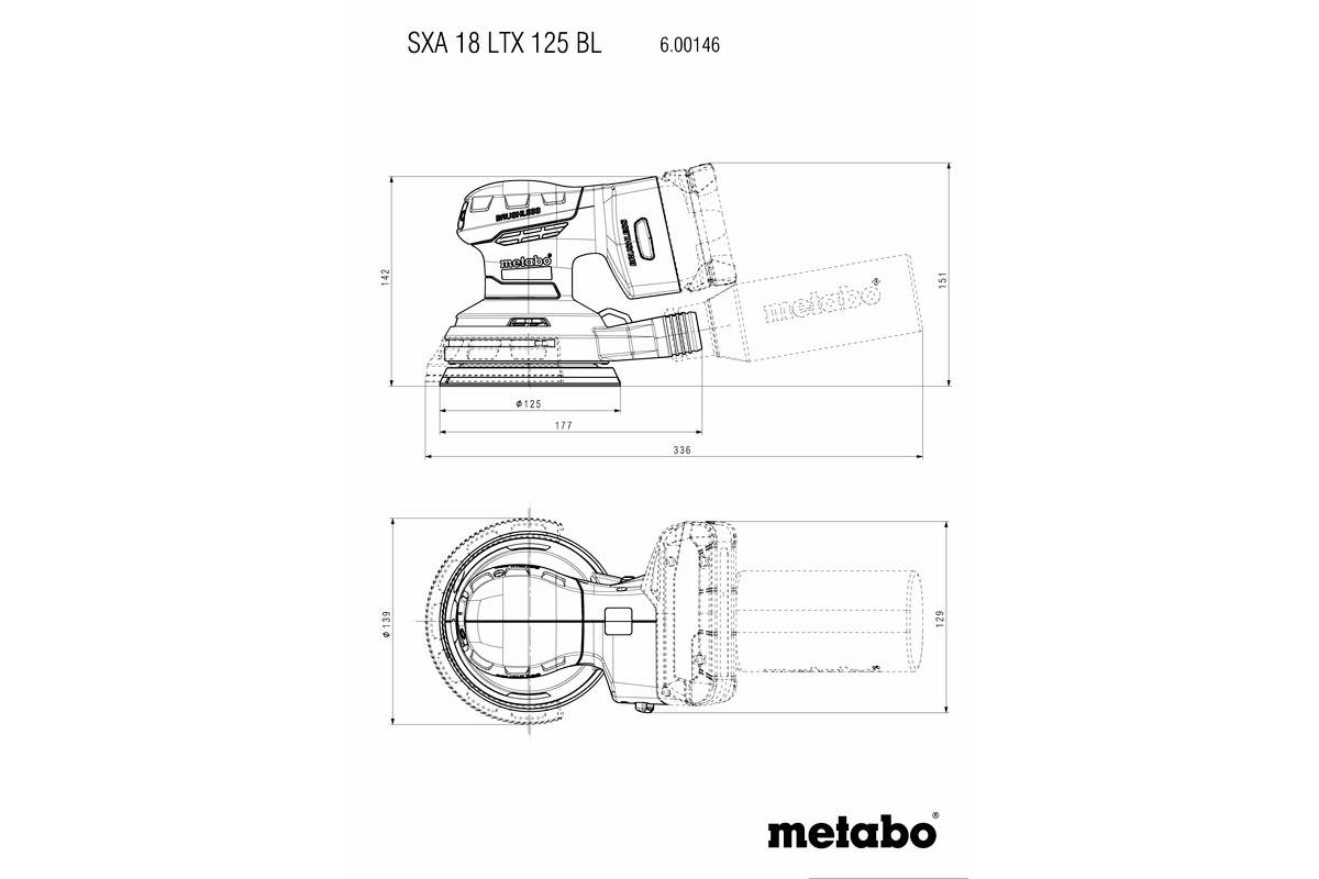 Technische Zeichnung eines Metabo SXA 18 LTX 125 BL Exzenterschleifers, Seiten- und Draufsicht. Produktmaße und Metabo-Logo sichtbar.