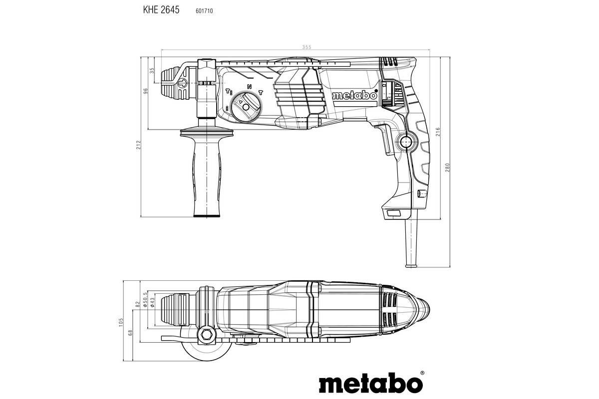 Technische Zeichnung eines Metabo Elektrowerkzeugs, Modell KHE 2645, mit Seiten- und Draufsicht.  Maße und Details sind dargestellt.
