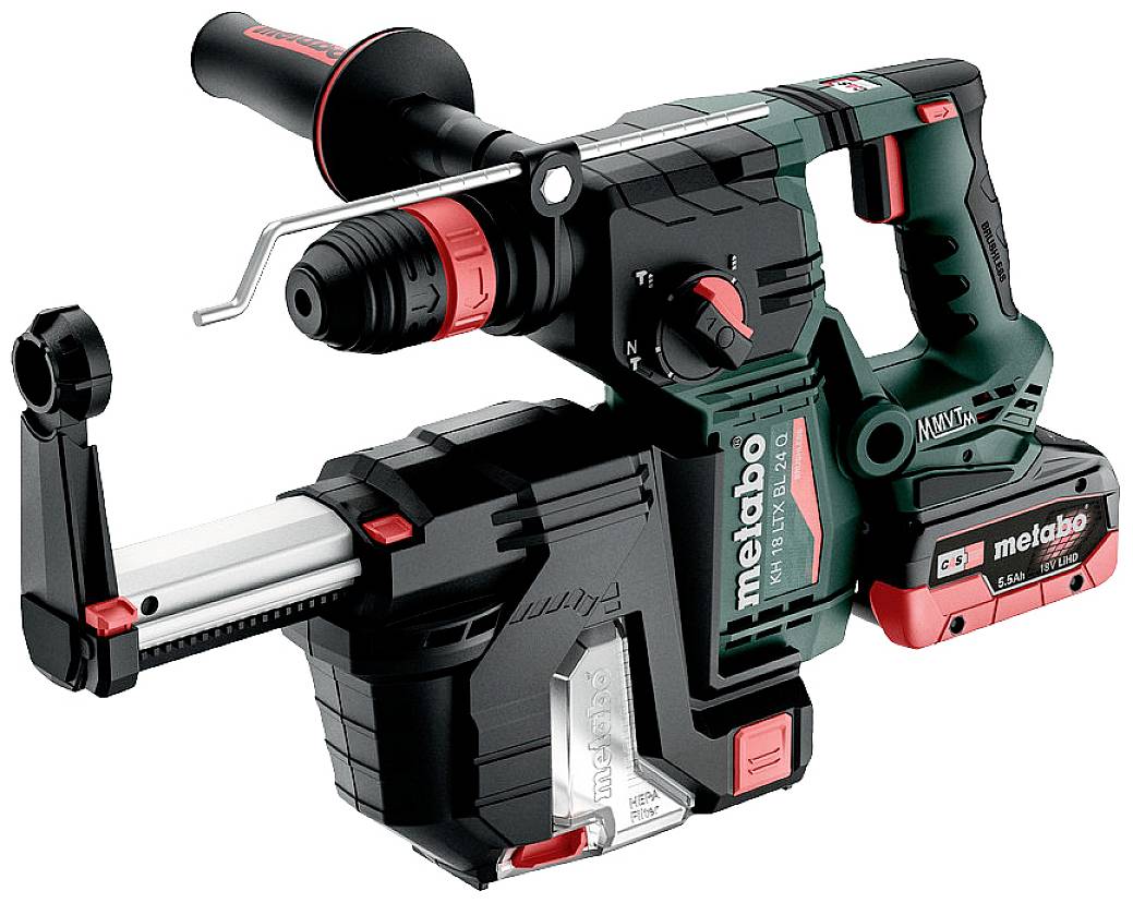 Ein kabelloser Bohrhammer von Metabo mit rotem und schwarzem Design, geeignet für schwere Bauarbeiten und Renovierungen.