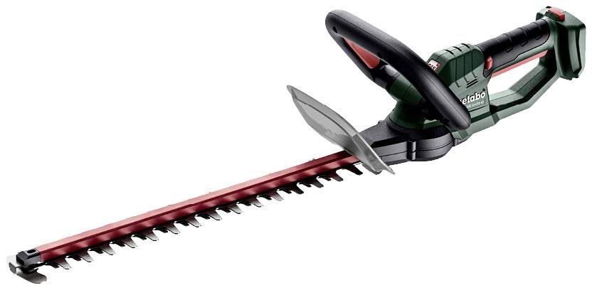 Eine grüne und rote elektrische Heckenschere mit ergonomischem Griff. Geeignet zum Schneiden von Hecken und Sträuchern.