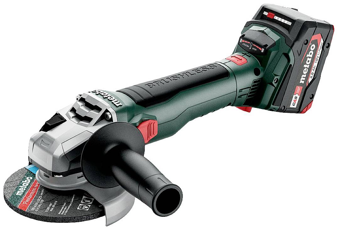 Ein akkubetriebener Winkelschleifer mit ergonomischem Griff und Metabo-Logo, ideal für Schleif- und Trennarbeiten.