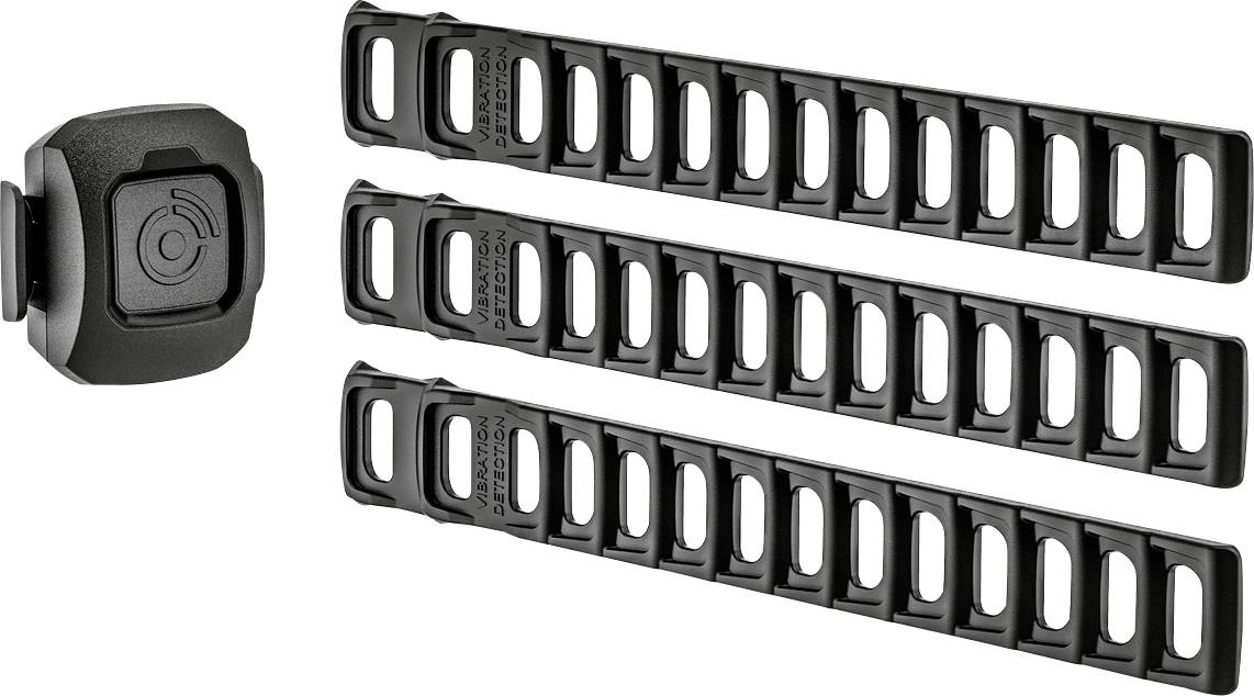 Ein Rückstrahler-Set mit einem quadratischen Rückstrahler und drei langen, schwarzen Halterungen, vermutlich für Fahrradbefestigung.