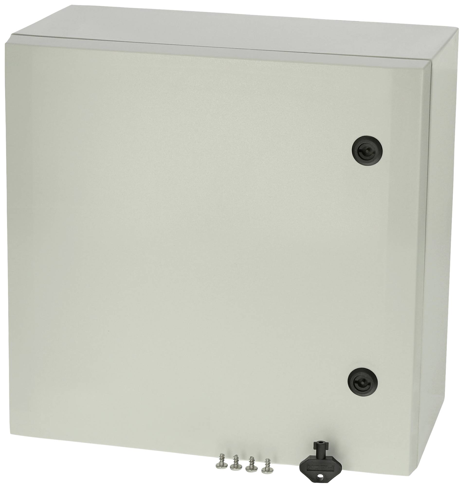 Grau lackierter Metallschrank mit zwei Befestigungsschrauben und einem Schlüssel vorne.