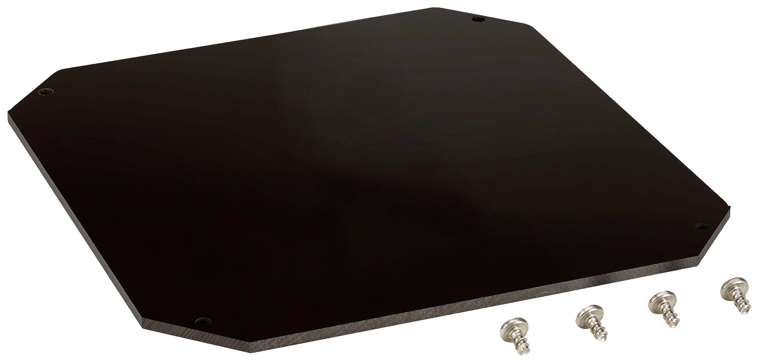 Eine schwarze, rechteckige Platte mit abgerundeten Ecken, daneben fünf silberne Schrauben.