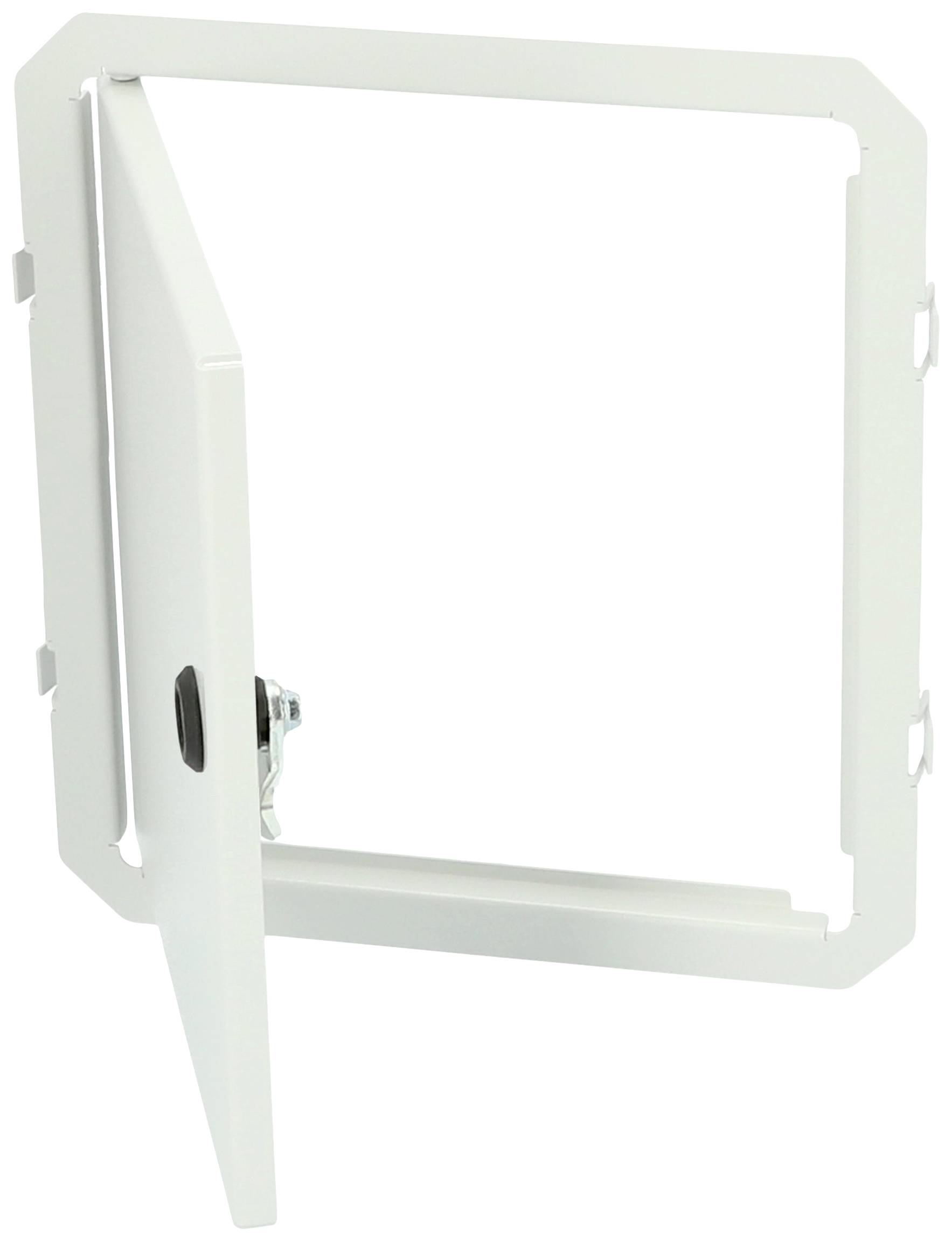 Ein geöffneter, rechteckiger weißer Wartungsklappenrahmen mit Scharnier. Ideal zur einfachen Wartung von Wänden oder Decken.