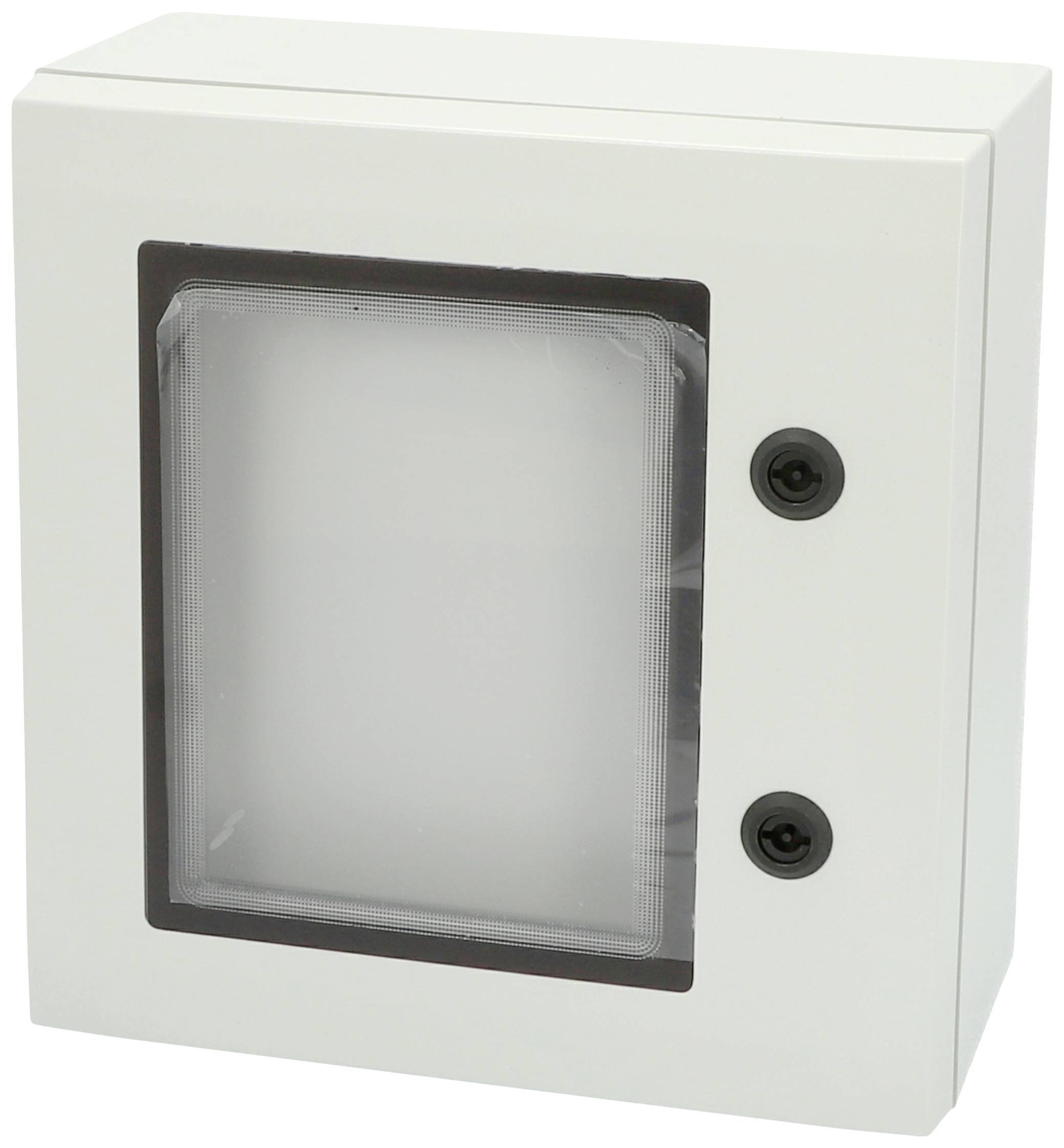 Ein weißer, rechteckiger Sicherungskasten mit durchsichtigem Deckel und zwei schwarzen Schrauben an der rechten Seite.