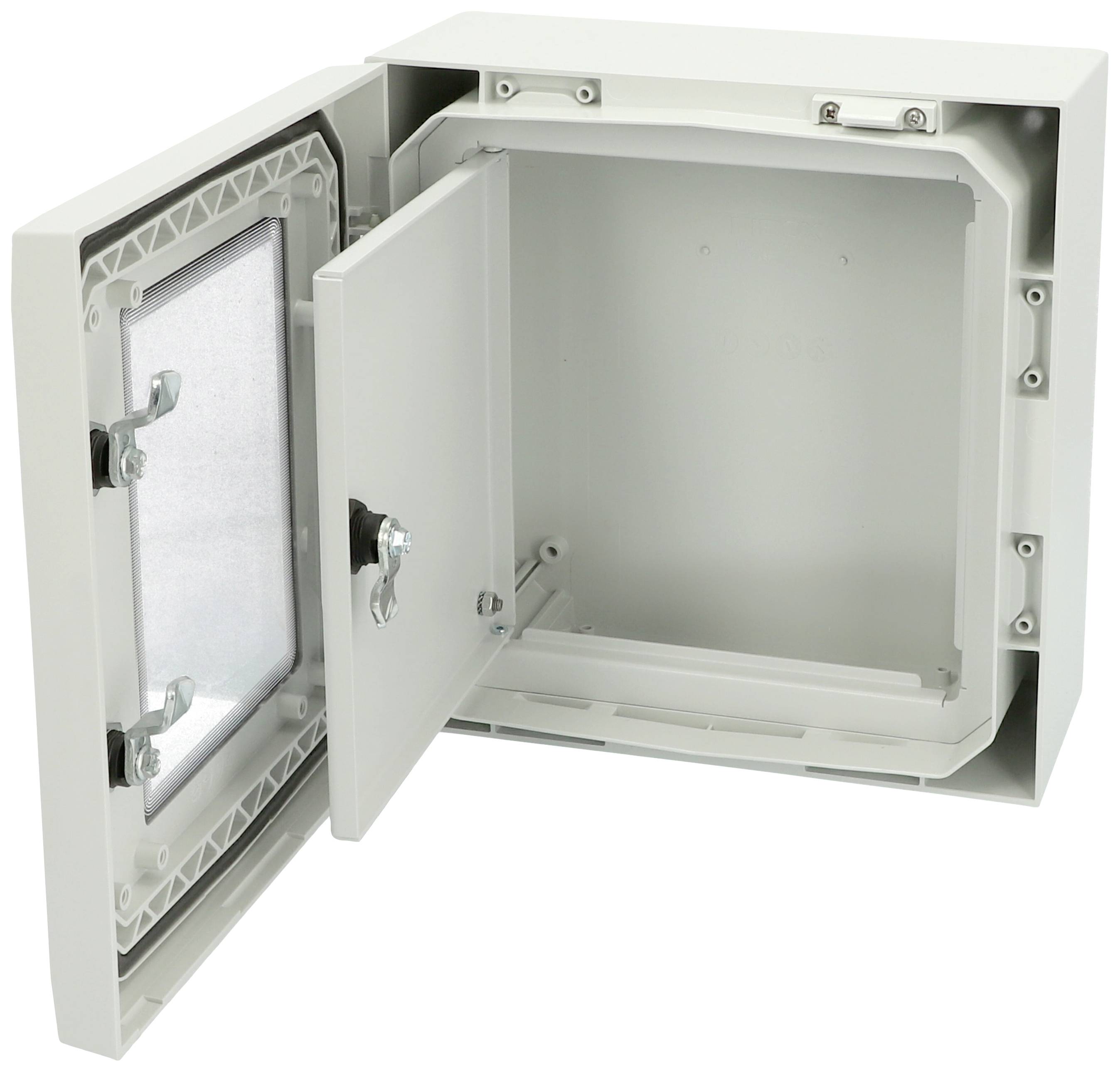 Geöffneter grauer Elektronikschrank mit sichtbaren Metallbeschlägen und Türanschlag rechts. Ideal für den Schutz elektrischer Geräte.