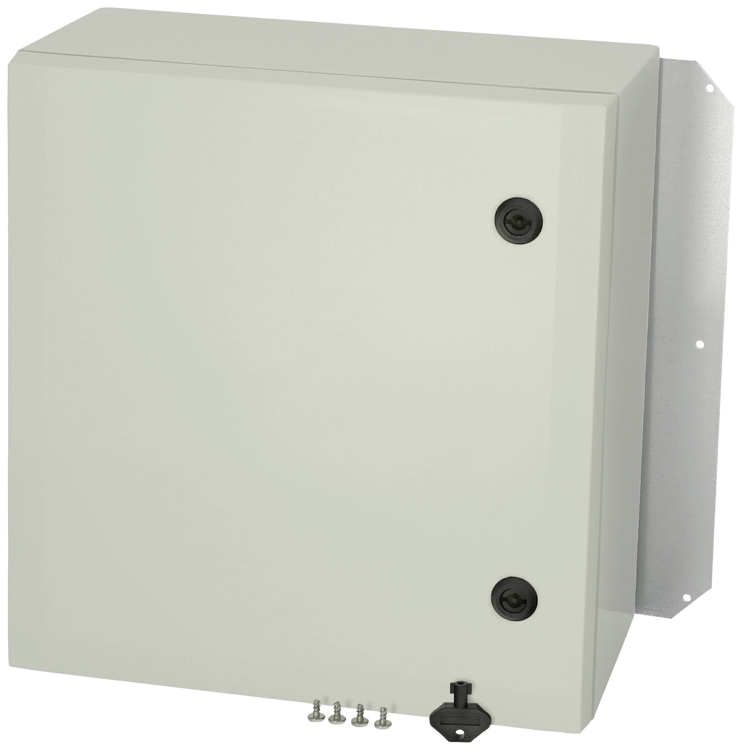 Beigefarbener, rechteckiger Schaltkasten mit zwei schwarzen Verschlüssen und Schrauben darunter. Er ist an einer Wandhalterung angebracht.