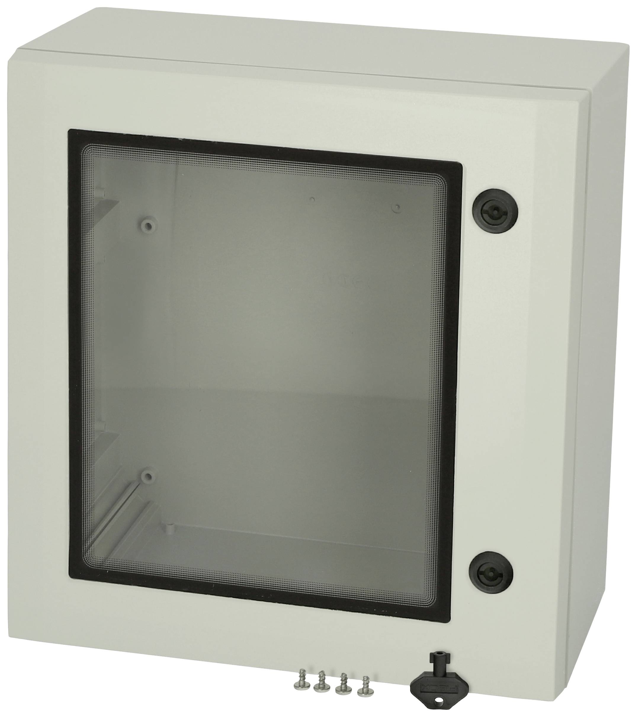 Metallkasten mit transparenter Fronttür, zwei schwarzen Griffen und Schlüsselloch unten. Vier Schrauben und ein Schlüssel sind enthalten.