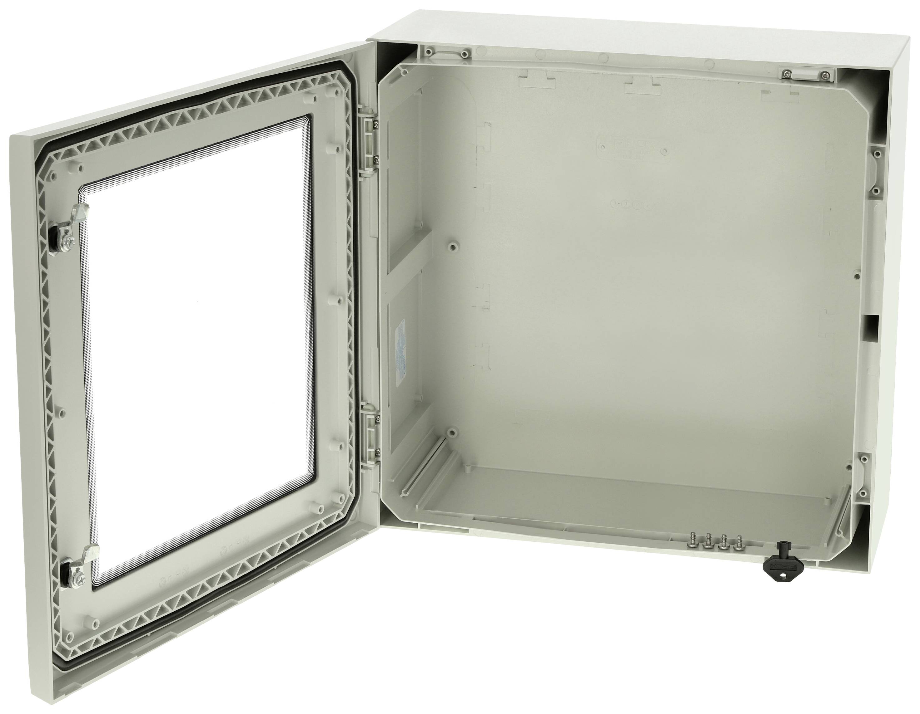 Grauer, offener Metallkasten mit schwenkbarer Tür und Scharnier. Die Innenfläche ist leer.