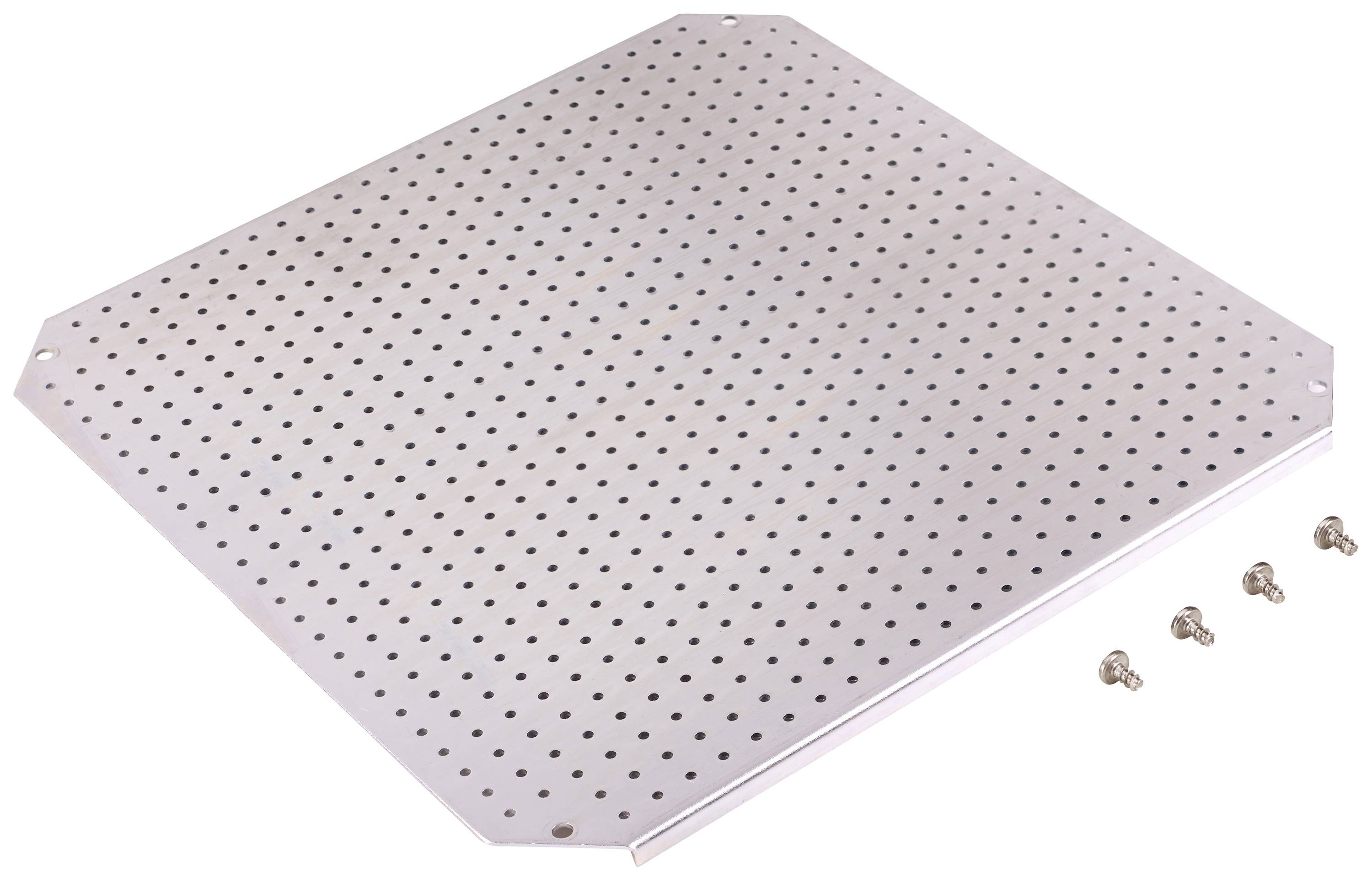 Perforierte Metallplatte mit vier abnehmbaren Schrauben, auf hellem Hintergrund. Geeignet für Montagen oder als Unterlage.
