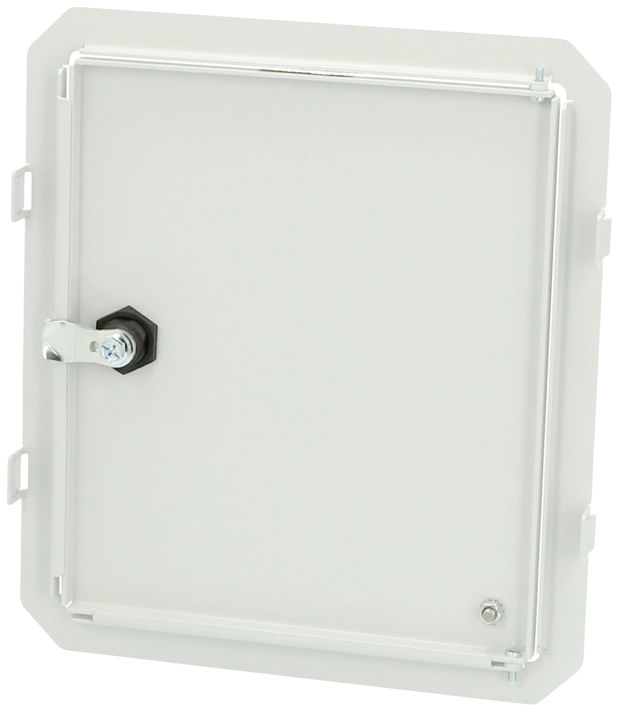 Weiße rechteckige Schaltkastenabdeckung mit seitlichem Metallverschluss und abgerundeten Kanten.