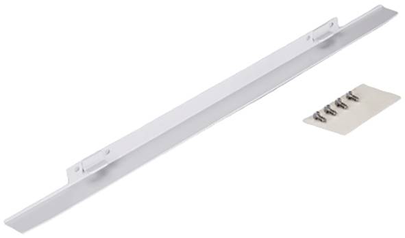 Ein weißer, länglicher Metallgriff mit beiliegenden Schrauben, vermutlich für Möbelmontage.