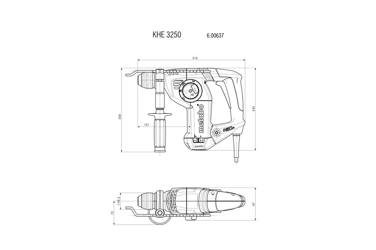 Technische Zeichnung eines Bohrhammers mit der Bezeichnung 'KHE 3250' und den Maßen 336 mm Länge und 212 mm Höhe, Vorder- und Seitenansicht.
