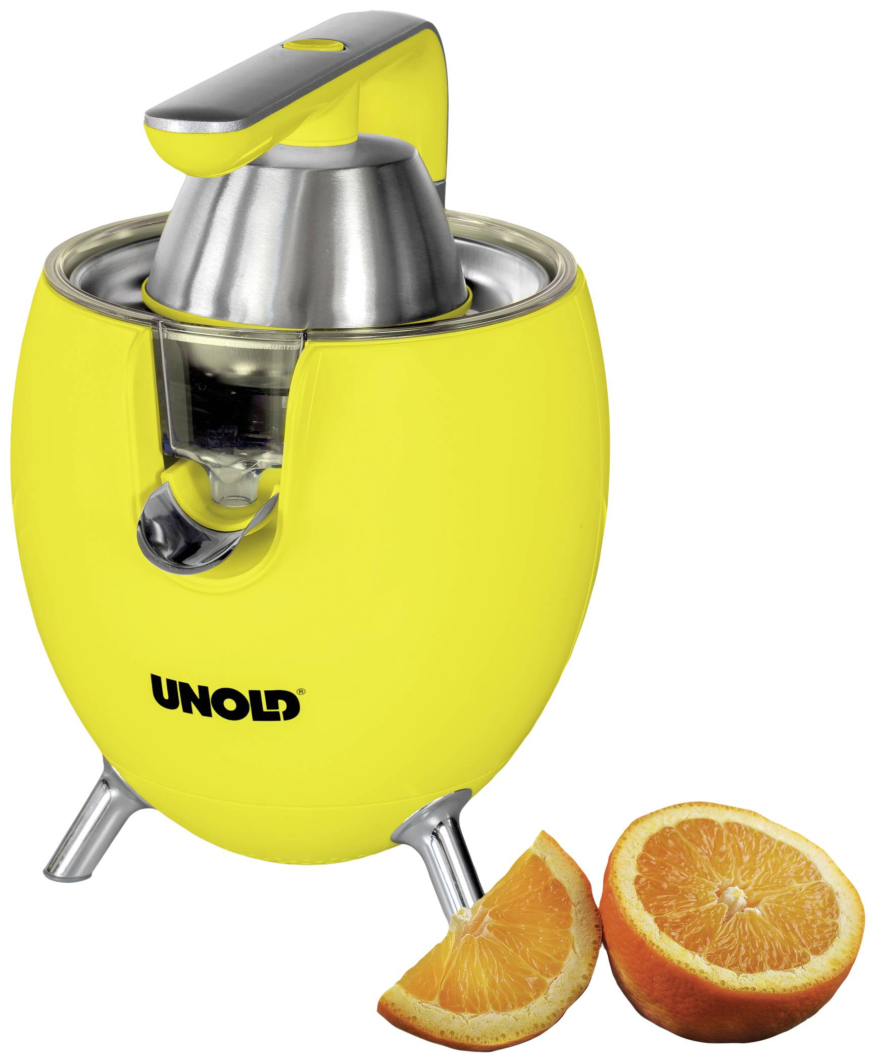 Gelber elektrischer Entsafter mit Metallpresse, Markenlogo 'Unold'. Daneben liegen zwei Hälften einer Orange.