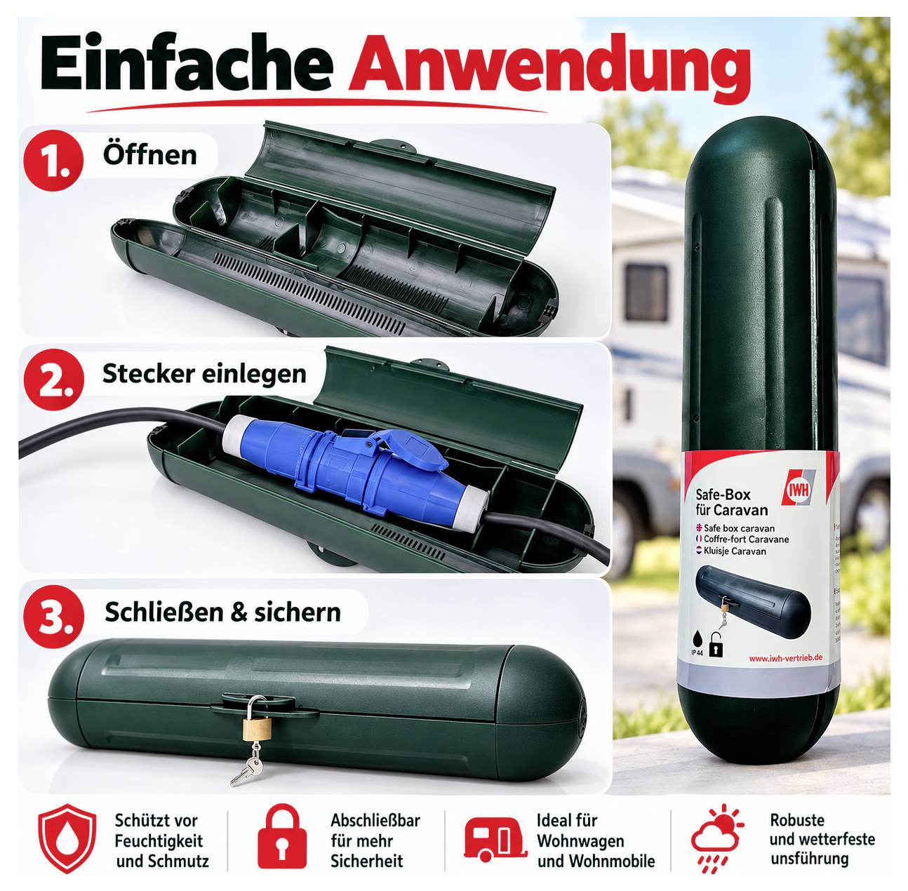 Infografik zur 'einfachen Anwendung' einer Safe-Box für Caravan: 1. öffnen, 2. Stecker einlegen, 3. schließen und abschließen; schützt vor Feuchtigkeit und Schmutz.