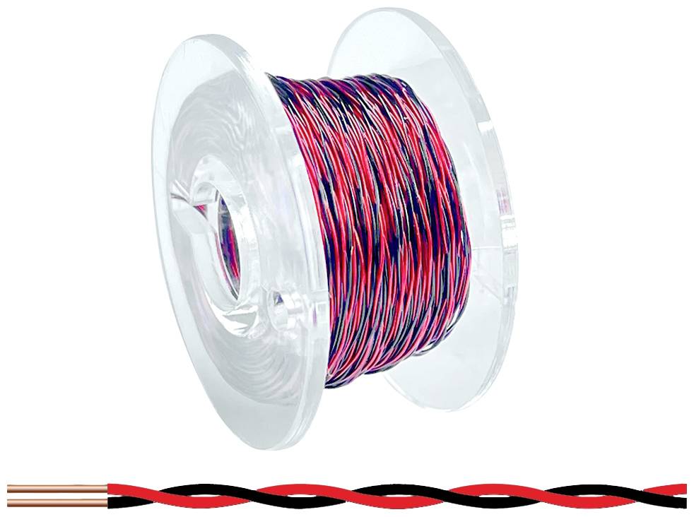 Eine durchsichtige Spule mit rot-schwarzem verdrilltem Kupferkabel.