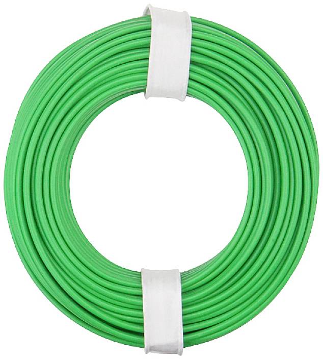 Grüne Kabelrolle mit weißen Kabelbindern fixiert, für elektrische Installationen geeignet.