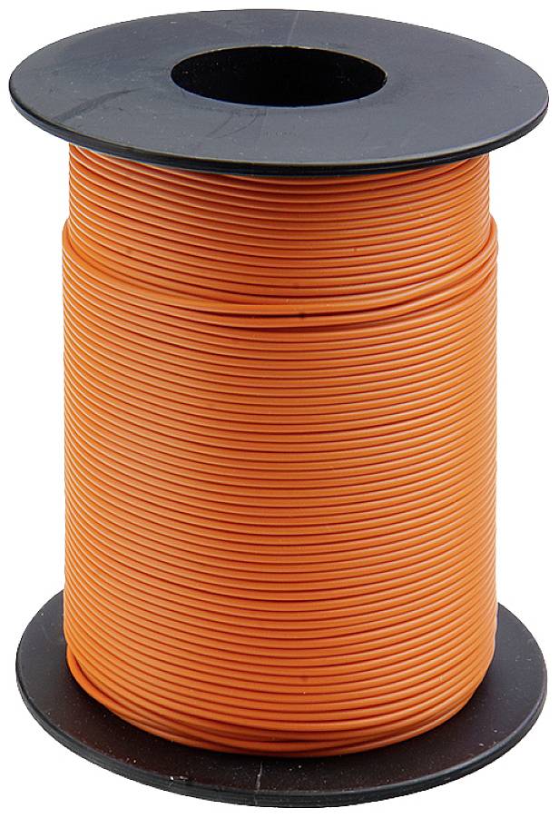 Eine große Spule mit orangenem Kunststoffdraht, auf schwarzem Spulenkern gewickelt.