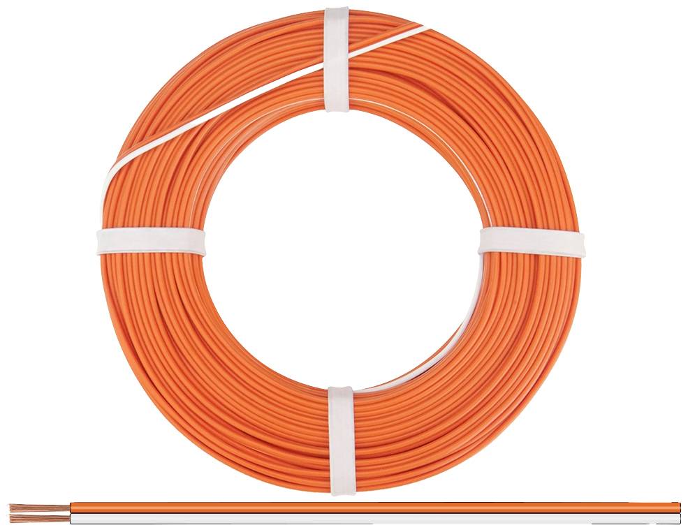 Ein orangefarbenes Kabel ist aufgerollt. Unten ist ein detaillierter Einblick des Kabels zu sehen, das einen kupfernen Drahtkern zeigt.
