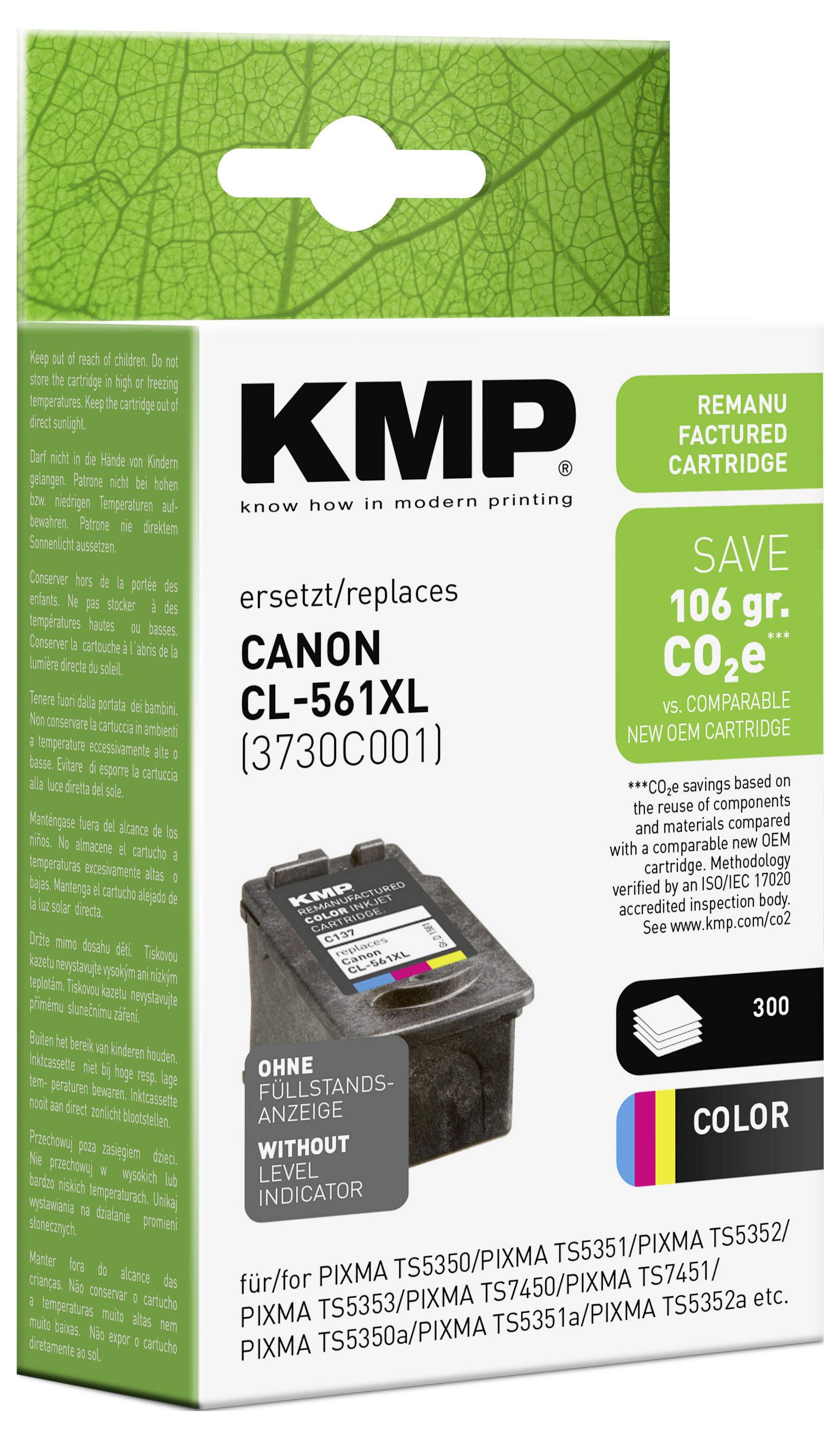 KMP nachhergestellte Farbdruckkassette für Canon CL-561XL, mit grünen Umweltaussagen, „Sparen Sie 106 g CO2e", und Abbildung der Druckkassette.