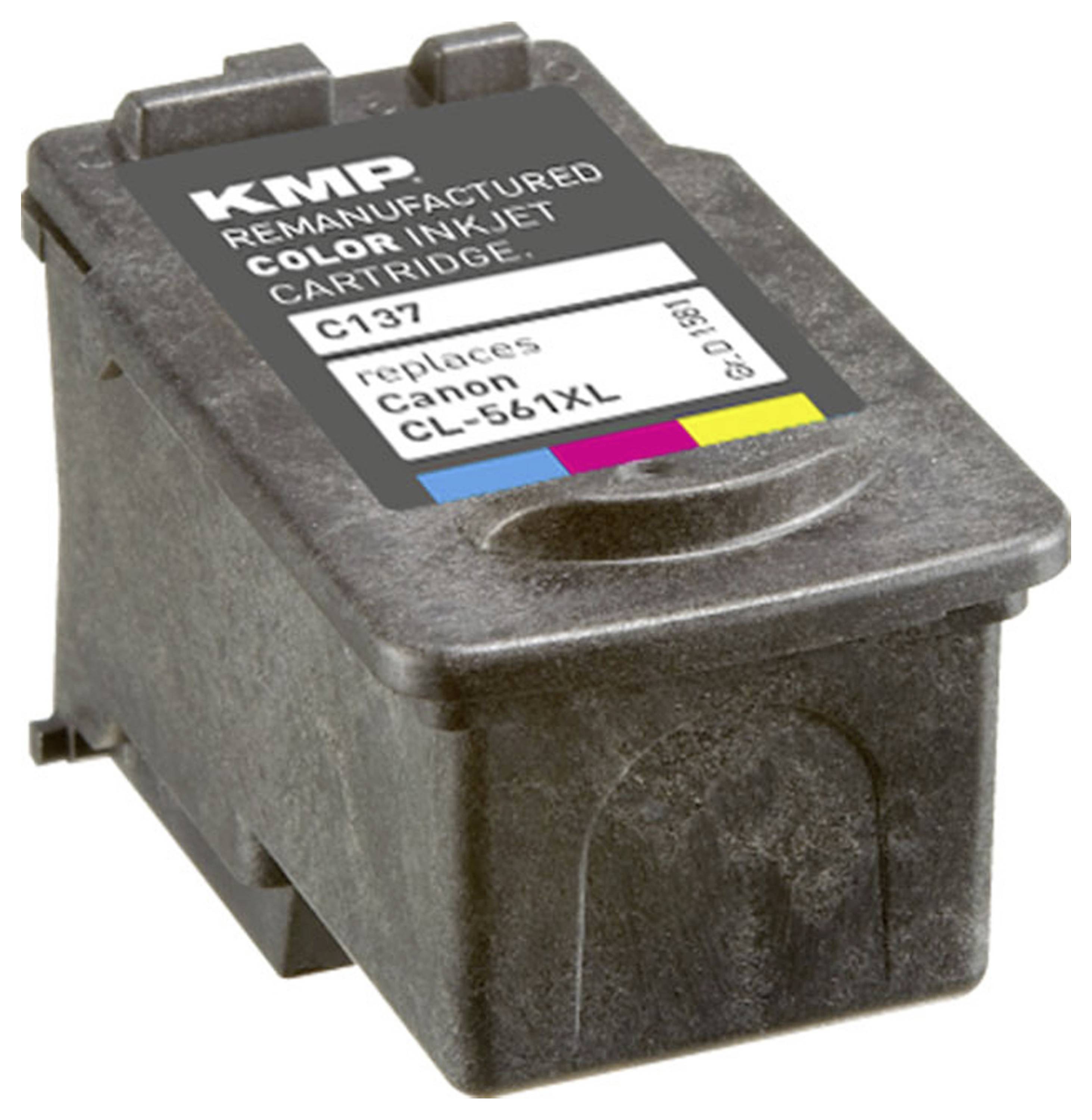 Schwarze aufbereitete Tintenstrahlpatrone mit der Bezeichnung KMP C137, kompatibel mit Canon CL-561XL, auf weißem Hintergrund dargestellt.