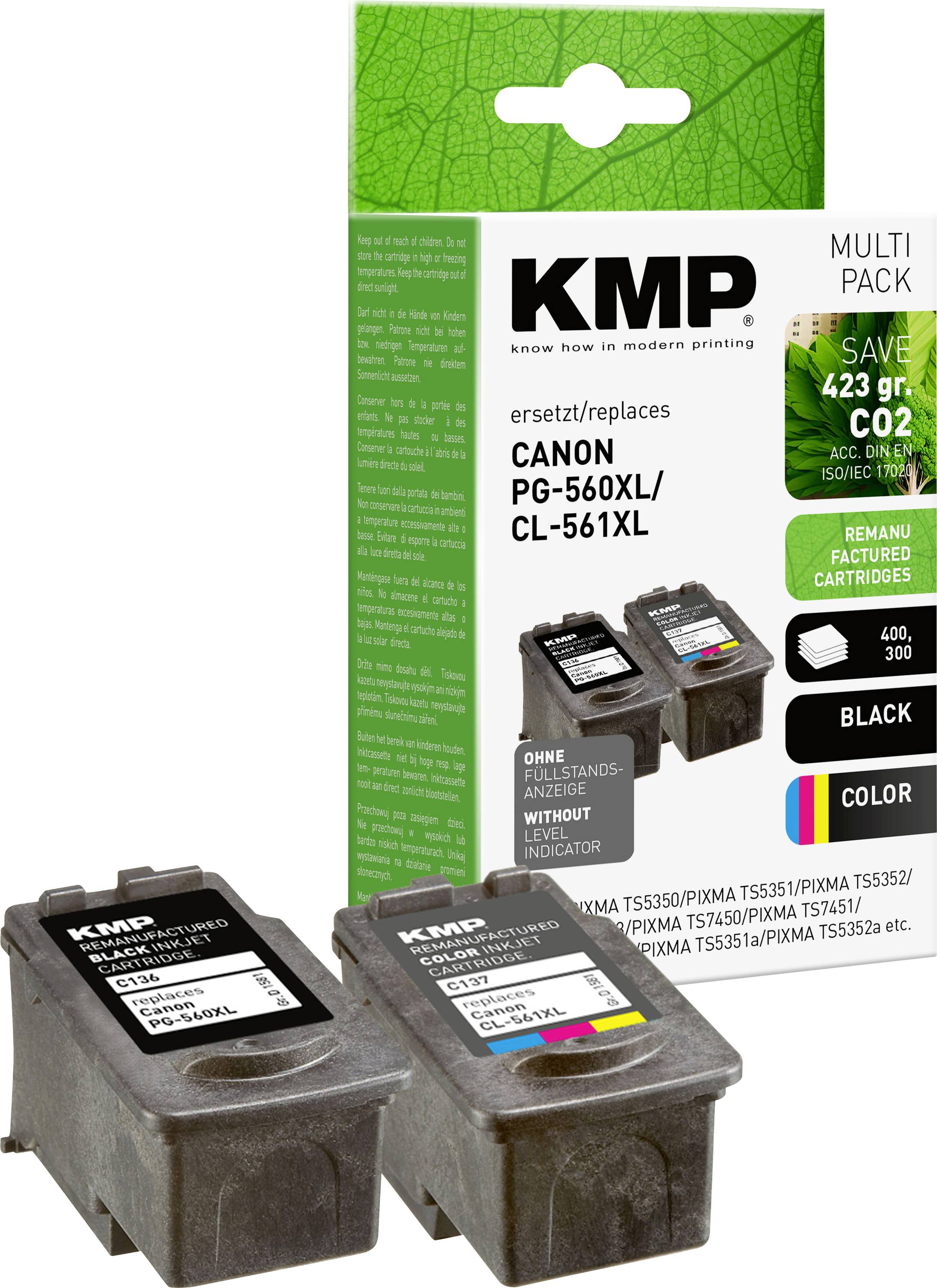 KMP Ersatz-Tintenpatronen-Set für Canon PG-560XL und CL-561XL mit nachgefüllten Patronen, die eine Druckkapazität von 400 Seiten in Schwarz und 300 Seiten in Farbe bieten.