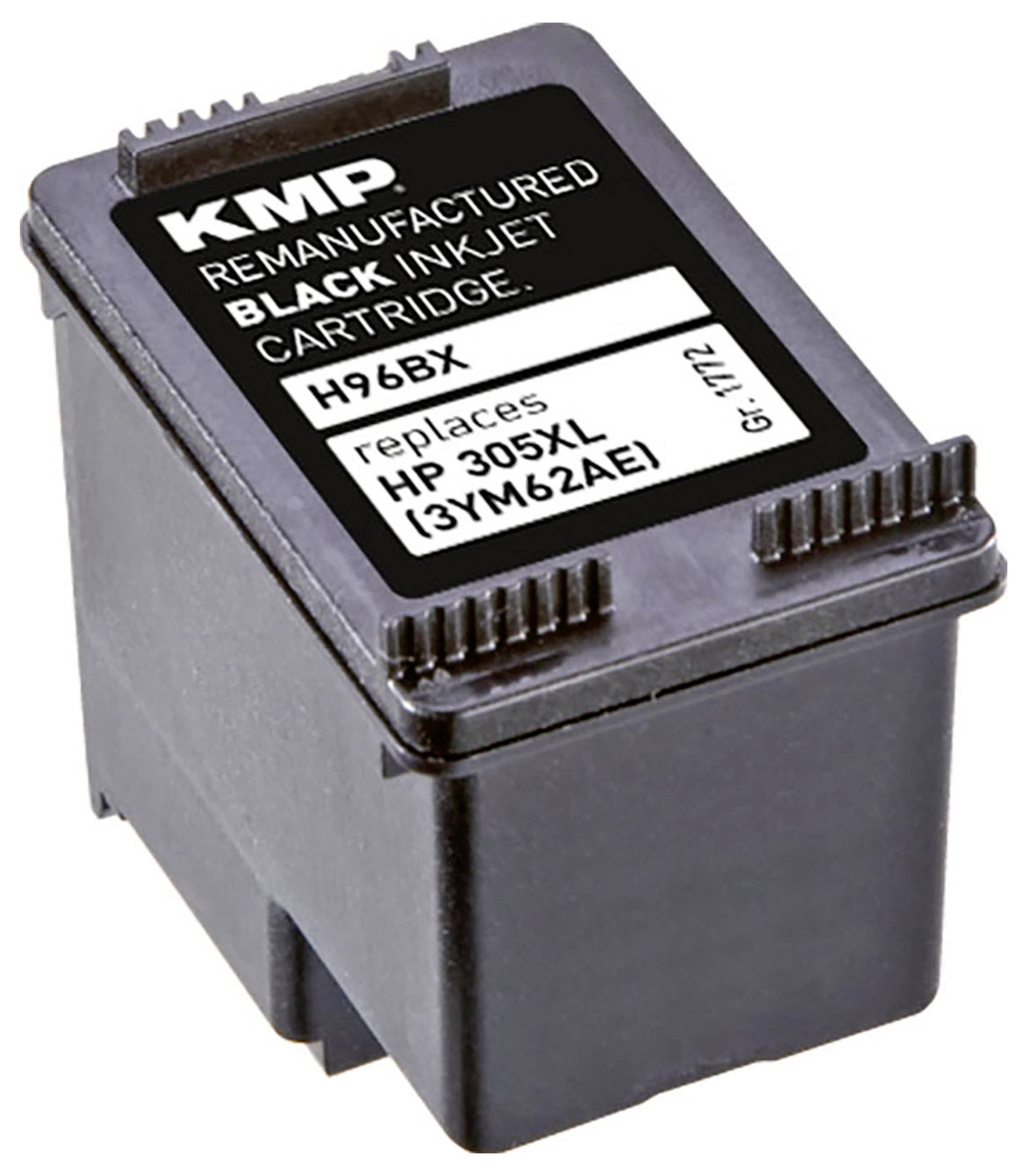'KMP Nachgewonnene Schwarze Tintenpatrone, ersetzt HP 305XL (3YM62AE), H96BX, Gr: 1112.' Schwarze Patrone mit weißem Etikett.