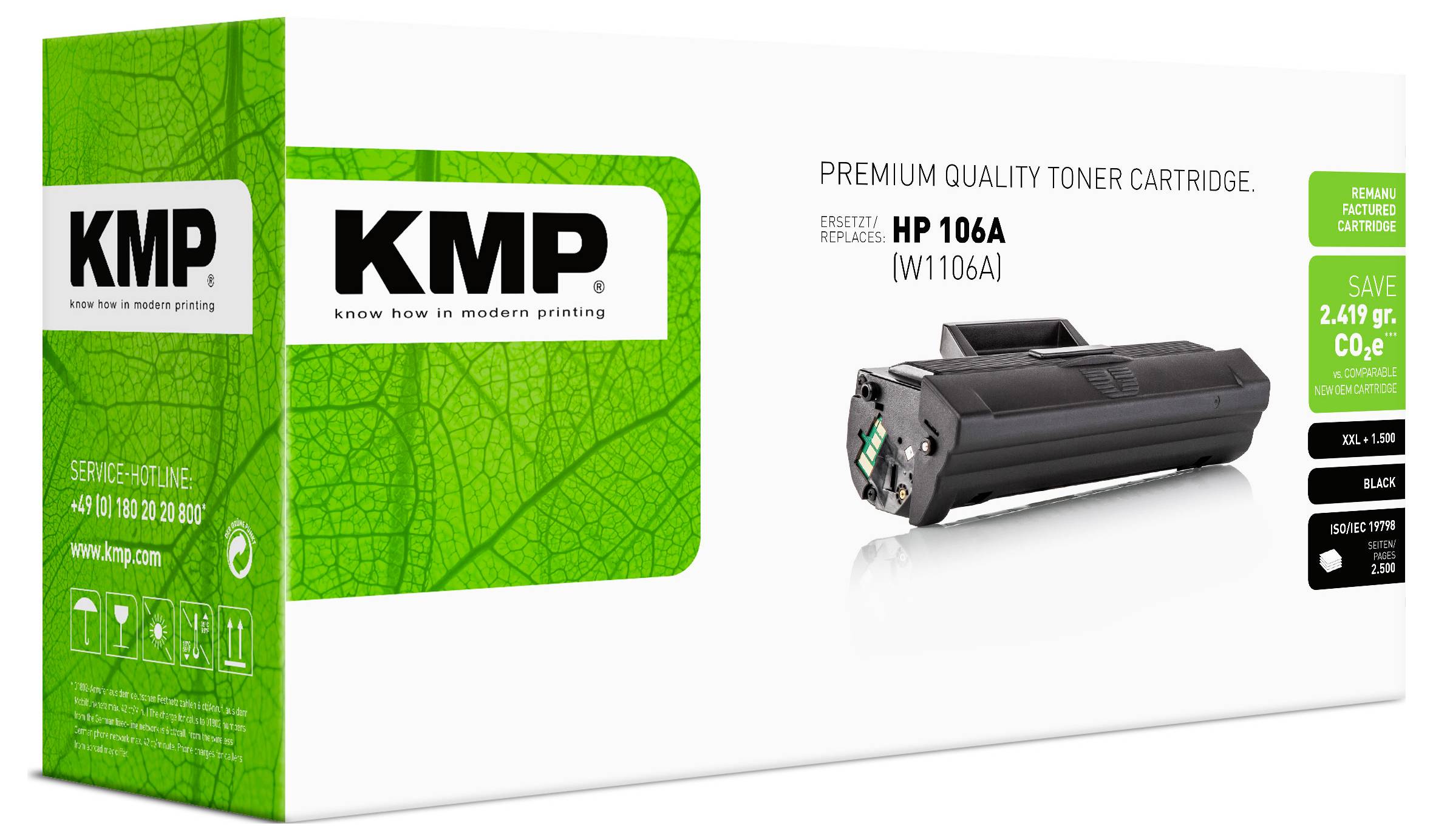 KMP Premium-Qualität Tonerkartusche für HP 106A (W1106A), mit schwarzer Kartuschenabbildung und grüner Verpackung.