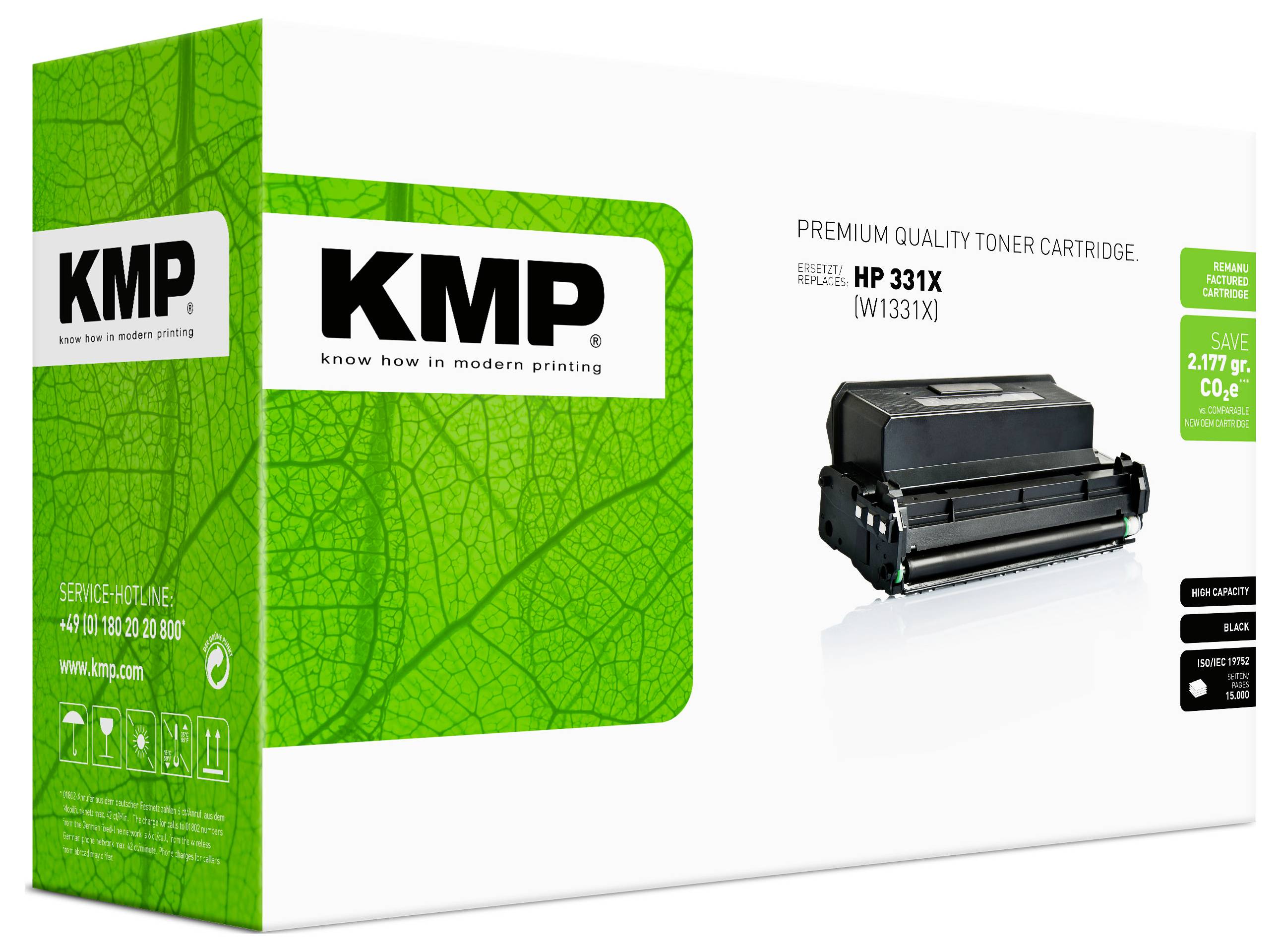 KMP Premium-Qualität Tonerpatrone Verpackung für HP 331X (W1331X), mit grüner Schachtel mit Blattmuster und Abbildung der Patrone.