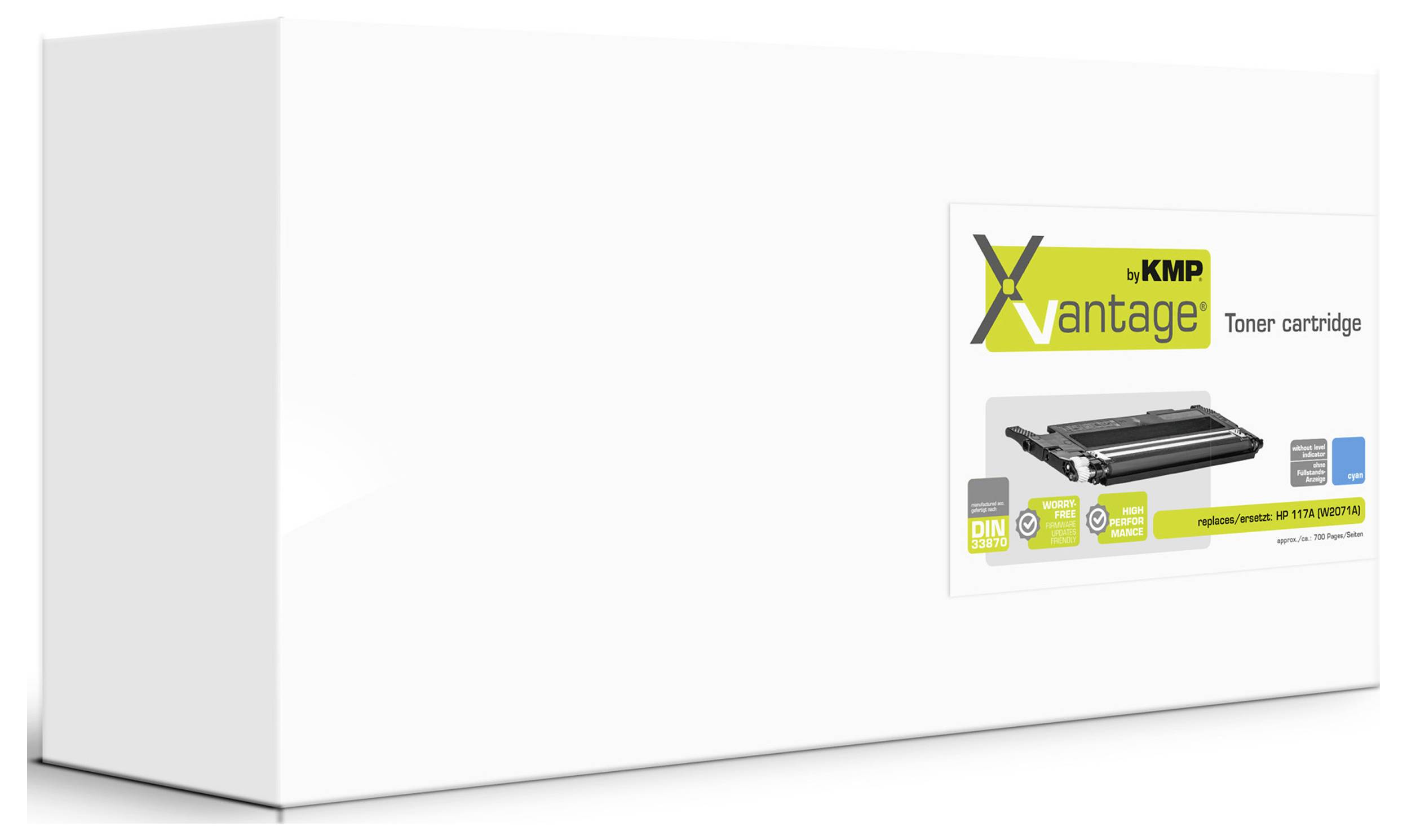 Weiße Produktschachtel mit kleinem Etikett, das eine KMP Vantage Tonerpatrone und ein Druckerpatronen-Bild zeigt.