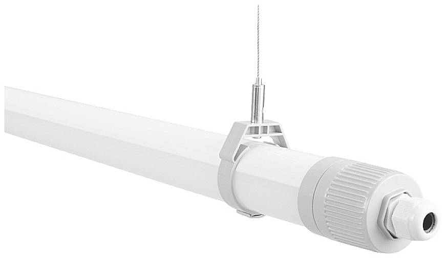 Eine hängende, zylindrische LED-Leuchte mit weißem Gehäuse und silbernem Aufhängungselement. Ideal für Deckenmontage in Büros.