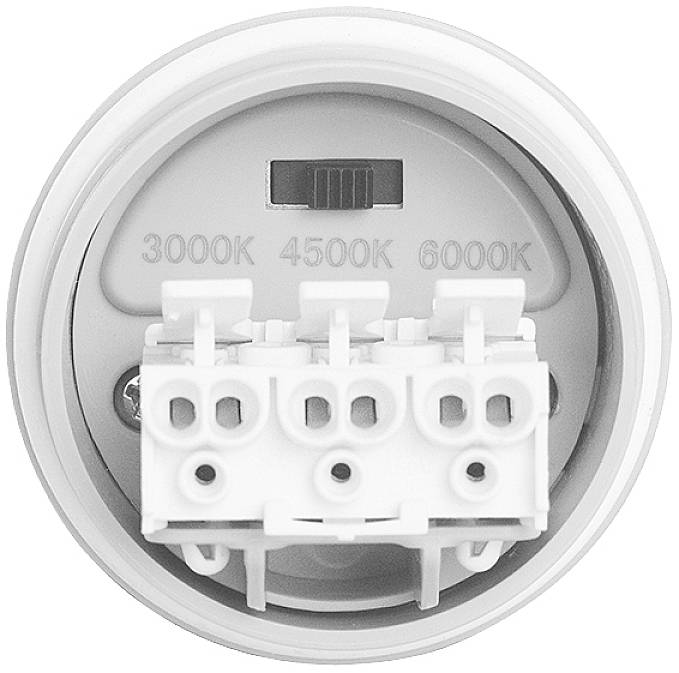 Runde LED-Lampe mit dreifach einstellbarer Farbtemperatur: 3000K, 4500K, 6000K.