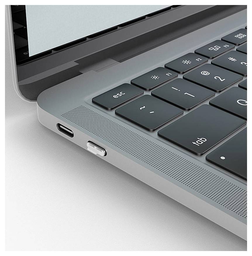 Nahaufnahme einer Laptop-Tastatur und linker Kante, die einen USB-C-Anschluss, einen Lautsprechergrill und schwarze Tasten auf einem grauen Chassis zeigen.