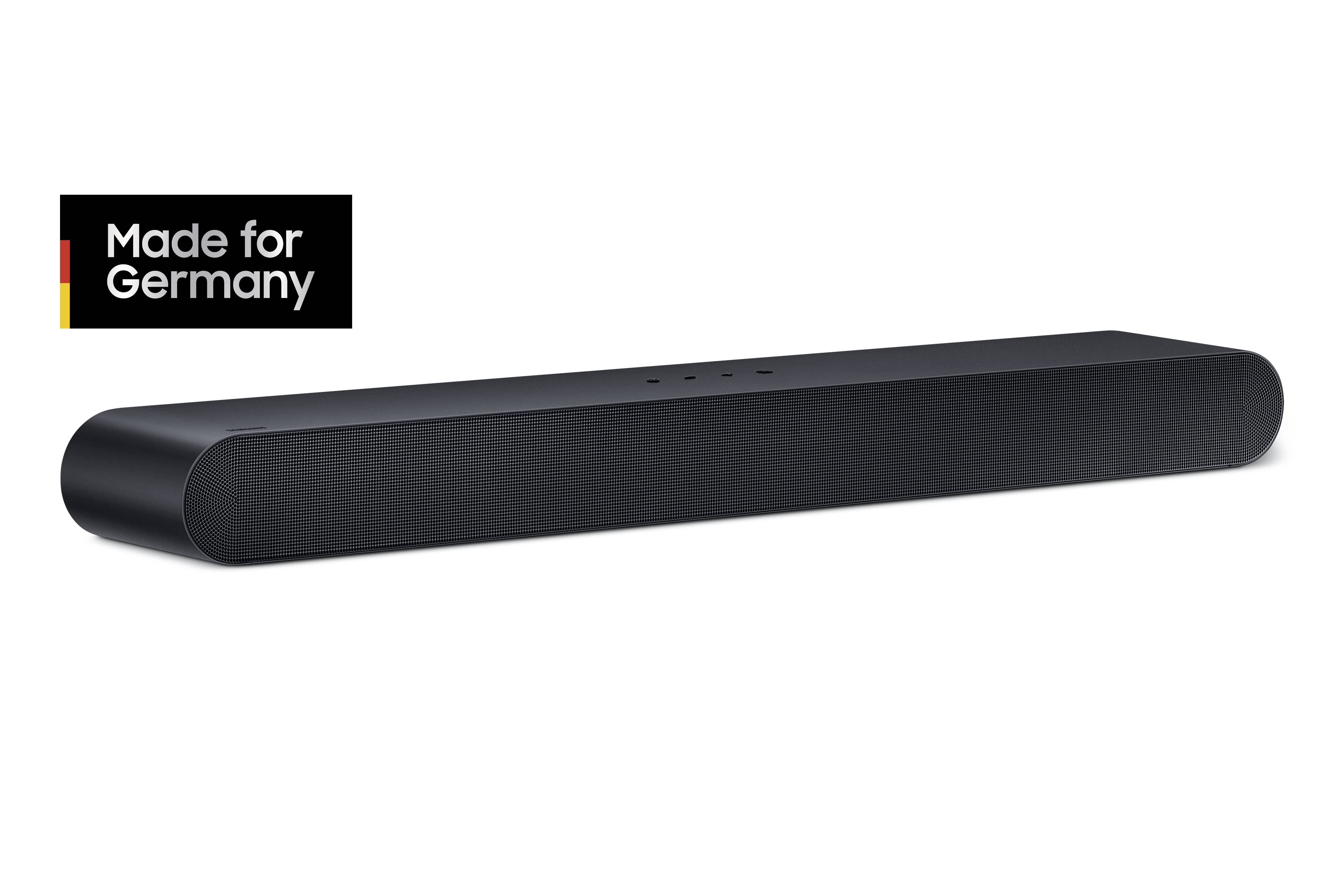 Soundsystem in rechteckigem, schwarzem Design mit runden Ecken. Links oben Label: Made for Germany.