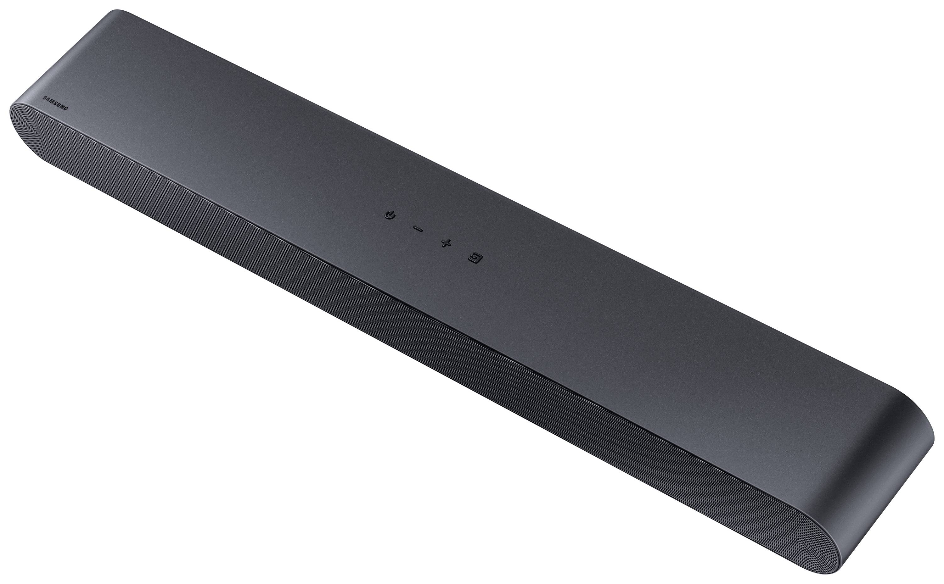 Eine schwarze Soundbar mit minimalistischem Design und Bedientasten auf der Oberseite. Ideal für verbesserten TV-Sound.
