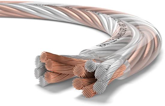 Kupfer- und Aluminiumdrähte in Nahaufnahme, verdreht zu einem Kabel. Das Bild zeigt die Detailstruktur der Metalldrähte.