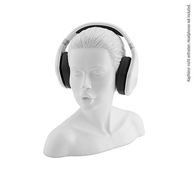 Büste eines Menschen mit Kopfhörern. Hinweis: „Kopfhörer nicht enthalten“.