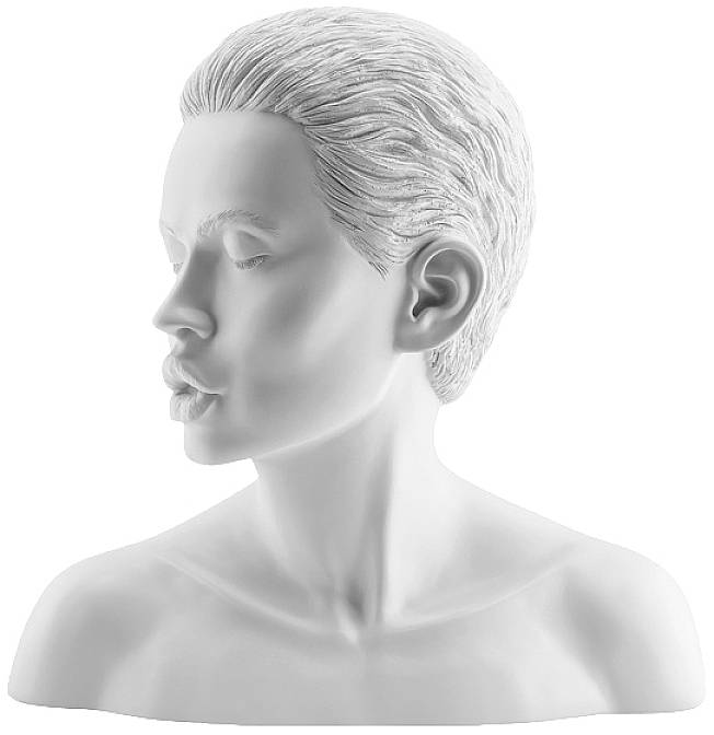 Ein stilisierter, weißer Büstenkopf einer Person, die den Kopf zur Seite neigt, mit kurzen Haaren und einem neutralen Gesichtsausdruck.