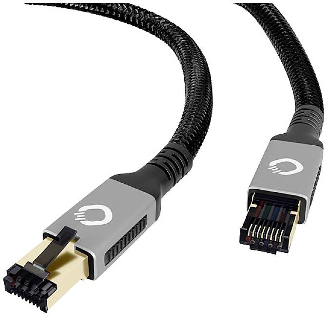 Zwei graue Netzwerkkabel mit schwarzen Steckern und goldenen Kontakten. Die Kabel sind gewoben und besitzen Schutzummantelungen.